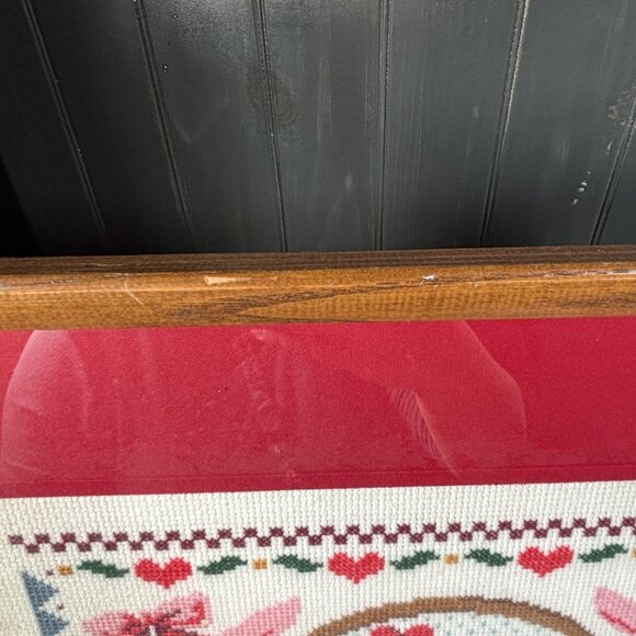 Vintage Christmas Cross Stitch Art Framed Holiday Needlepoint Wall Hanging - Picture 11 of 15